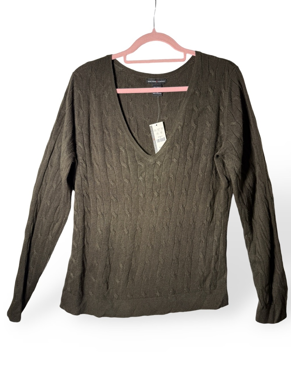 New York & Company Brown  Cable Knit V-Neck Sweater